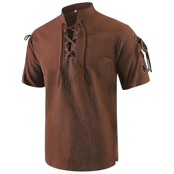Men’s Renaissance Costume Shirts Short Sleeve Brown - Picture 1 of 6